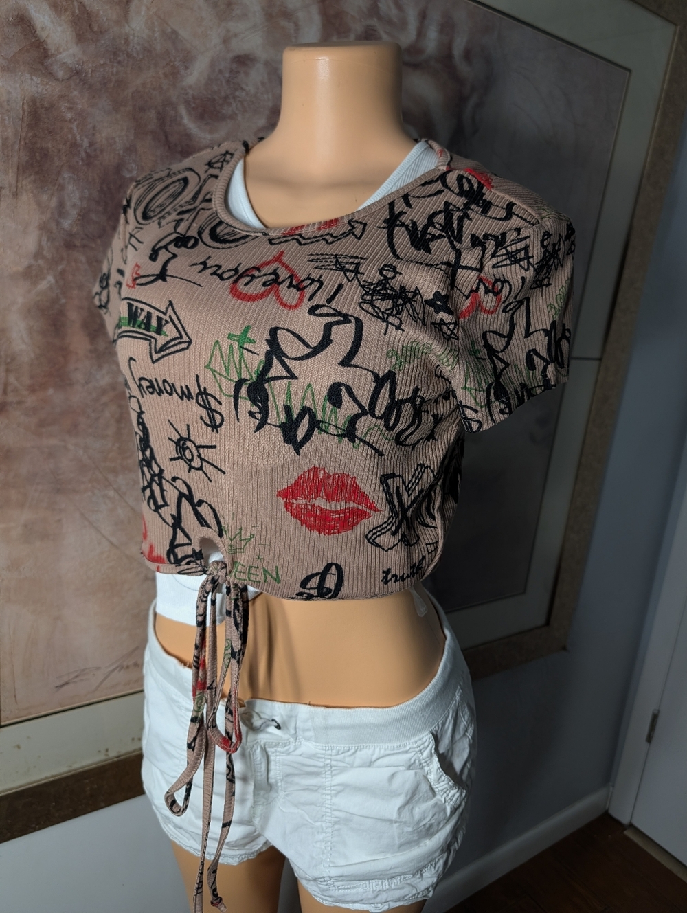 Just Polly Light Pink Graffiti-Style Drawstring Cropped Tee Size XL